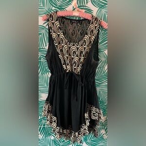 Lily by Firmiana tunic top w/ black & beige embroidered lace w/ tie waist sz XL